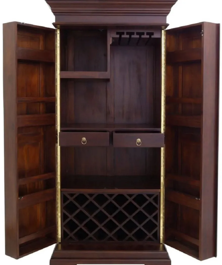 Casa Padrino Luxus Landhausstil Mahagoni Weinschrank mit 2 Türen Dunkelbraun / Messing 92 x 70 x H. 190 cm - Mahagoni Barschrank - Massivholz Schrank im Landhausstil - Landhausstil Bar Möbel