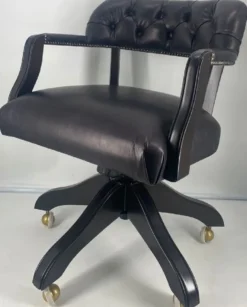 Casa Padrino Luxus Leder Bürostuhl Schwarz / Schwarz 58 x 65 x H. 80-87 cm - Höhenverstellbarer Schreibtischstuhl - Echtleder Drehstuhl - Luxus Möbel - Büro Möbel - Echtleder Möbel - Möbel Luxus