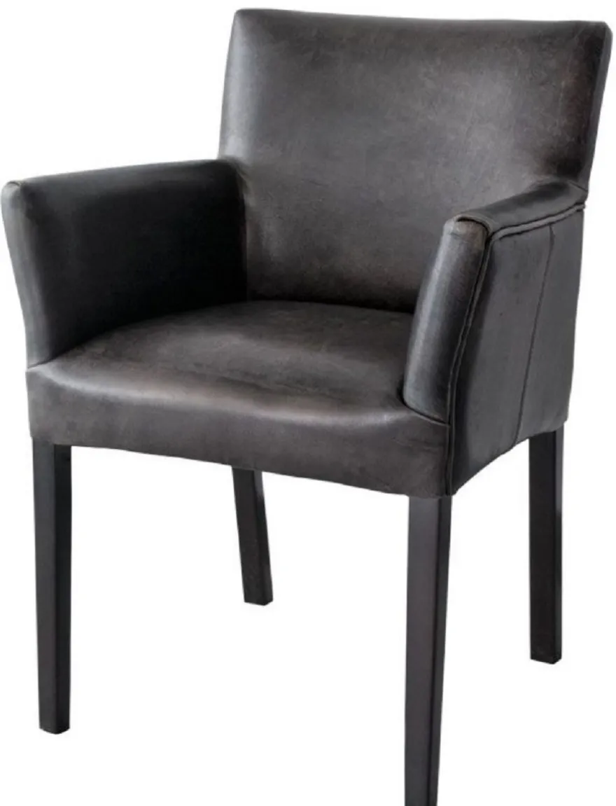 Casa Padrino Luxus Leder Esszimmerstuhl Vintage Schwarz / Schwarz 64 x 61 x H. 85 cm - Echtleder Küchenstuhl mit Armlehnen - Esszimmer Möbel