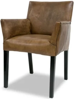 Casa Padrino Luxus Leder Esszimmerstuhl Vintage Braun / Schwarz 64 x 61 x H. 85 cm - Echtleder Küchenstuhl mit Armlehnen - Esszimmer Möbel