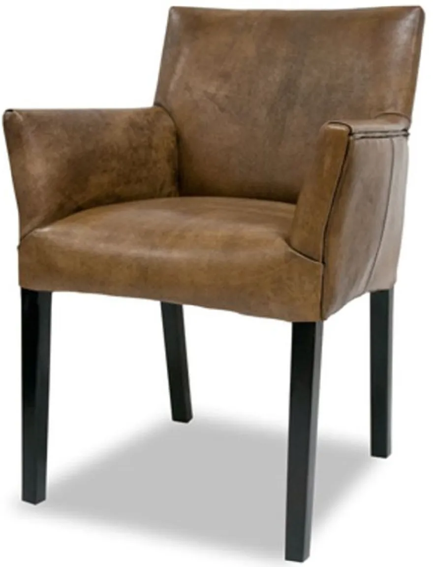 Casa Padrino Luxus Leder Esszimmerstuhl Vintage Braun / Schwarz 64 x 61 x H. 85 cm - Echtleder Küchenstuhl mit Armlehnen - Esszimmer Möbel
