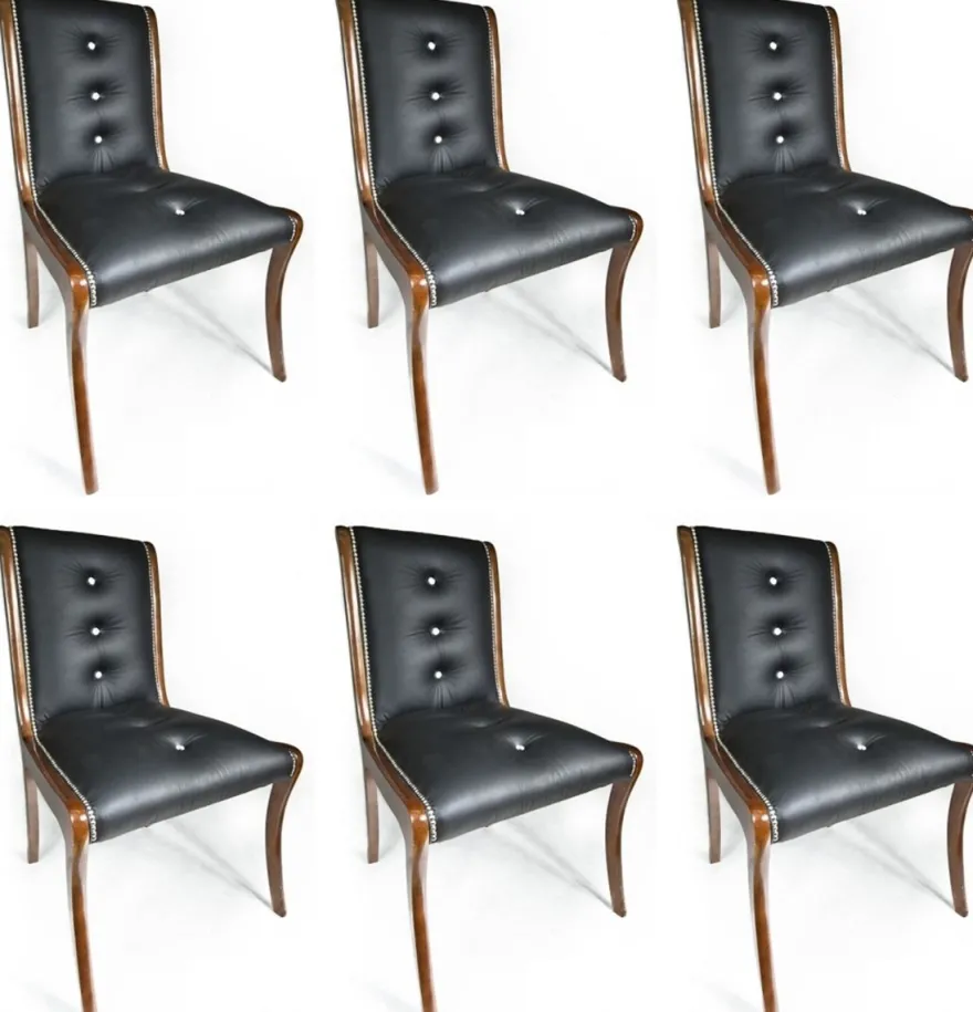 Casa Padrino Luxus Leder Esszimmer Stuhl 6er Set mit Glitzersteinen Schwarz / Braun 50 x 47 x H. 95 cm - Echtleder Küchenstühle - Echtleder Möbel - Luxus Möbel