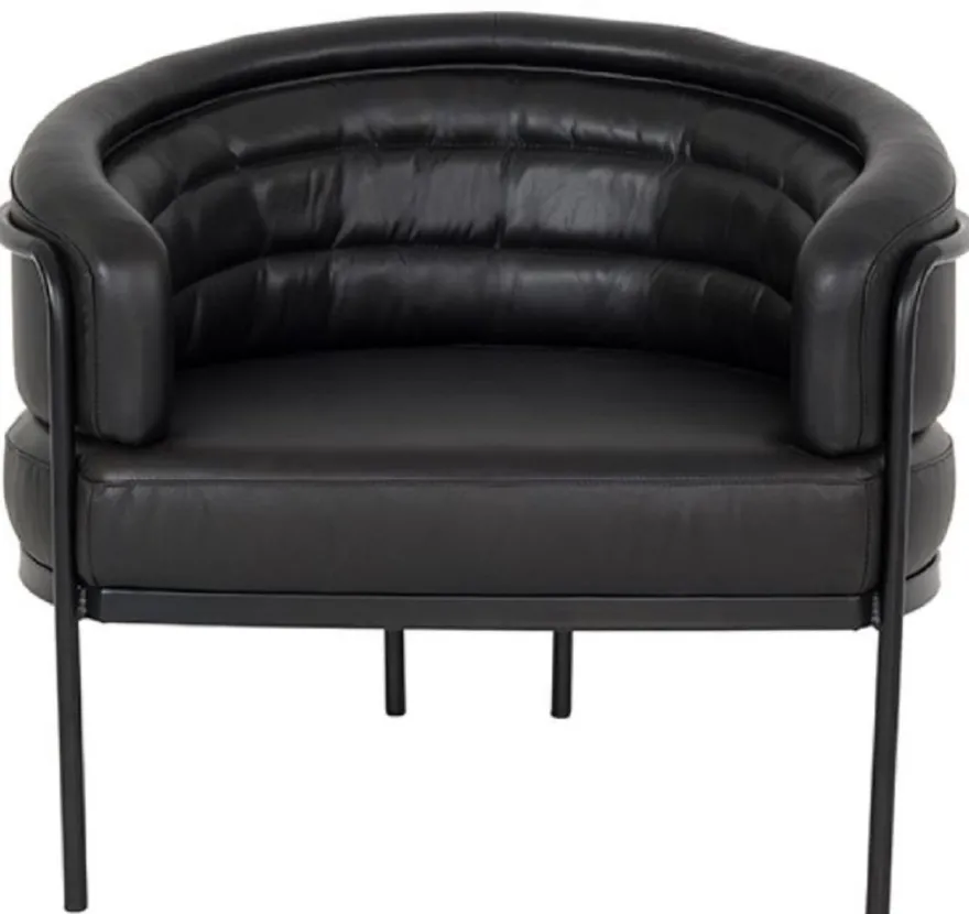 Casa Padrino Luxus Leder Sessel Schwarz 86 x 71 x H. 69 cm - Echtleder Wohnzimmer Sessel - Echtleder Möbel - Luxus Möbel