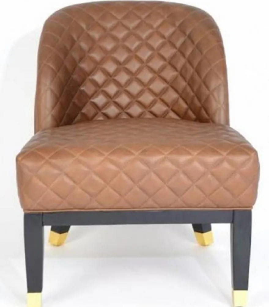 Casa Padrino Luxus Leder Sessel Braun / Schwarz / Gold 62 x 73 x H. 79 cm - Wohnzimmermöbel - Echtleder Möbel