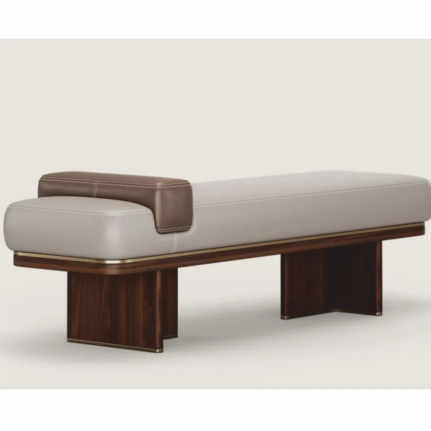 Casa Padrino Luxus Leder Sitzbank Grau / Braun / Messing 150 cm - Echtleder Möbel