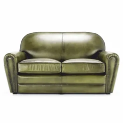 Casa Padrino Luxus Leder Sofa Grün / Schwarz 150 cm - Echtleder Möbel