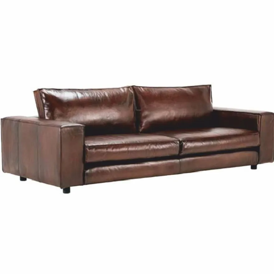 Casa Padrino Luxus Leder Sofa Dunkelbraun / Schwarz 240 cm - Echtleder Möbel