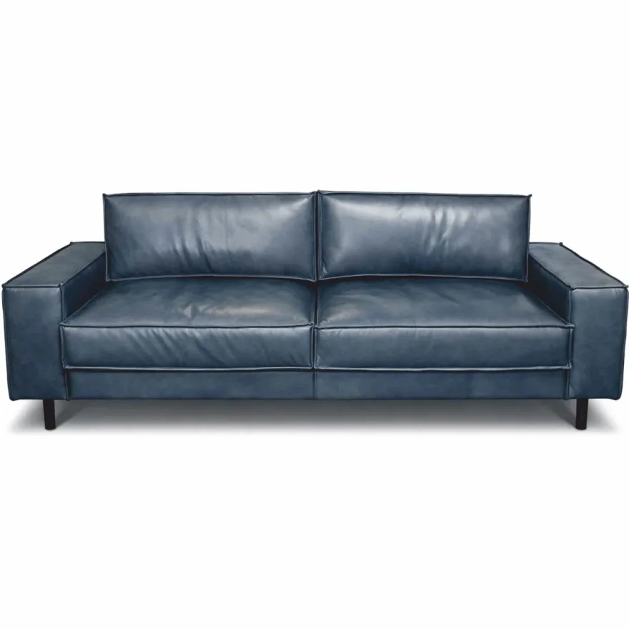 Casa Padrino Luxus Leder Sofa Vintage Blau / Schwarz 210 cm - Echtleder Möbel