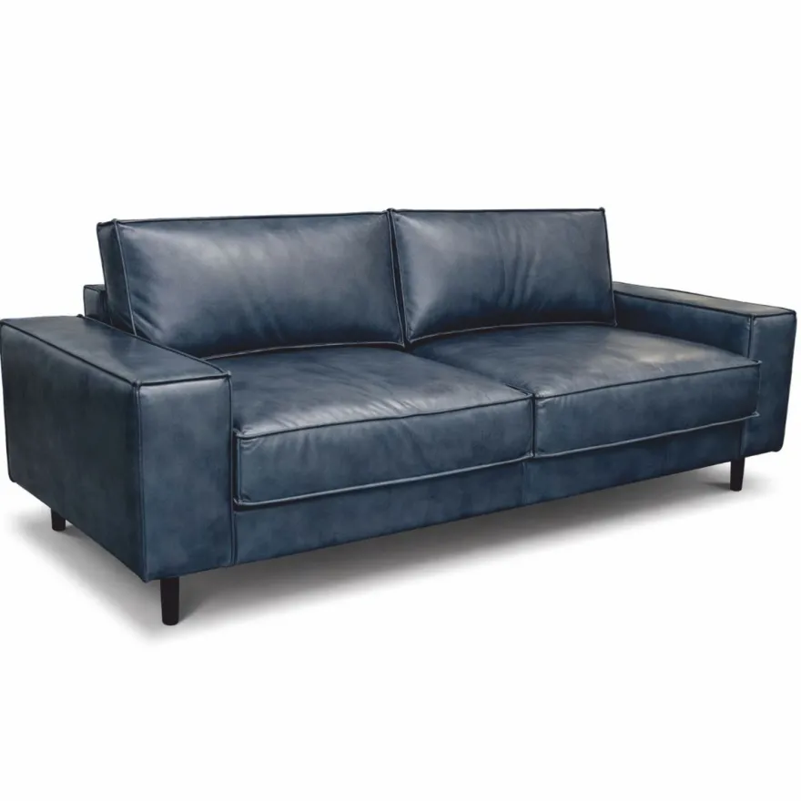 Casa Padrino Luxus Leder Sofa Vintage Blau / Schwarz 210 cm - Echtleder Möbel