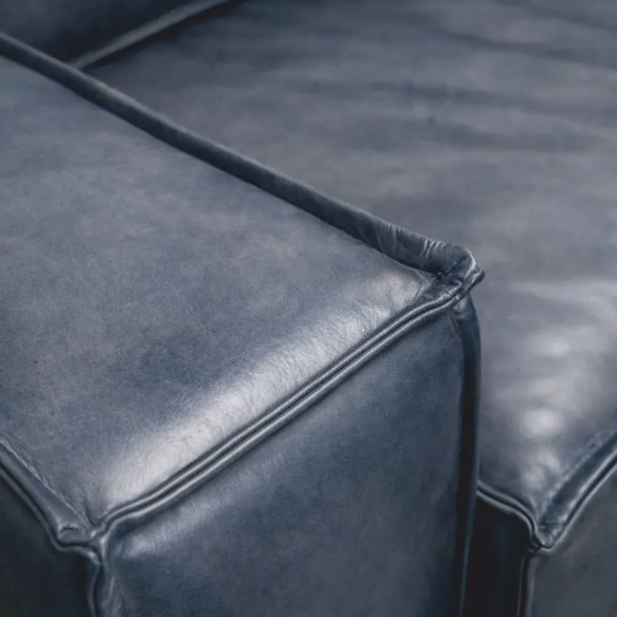 Casa Padrino Luxus Leder Sofa Vintage Blau / Schwarz 210 cm - Echtleder Möbel