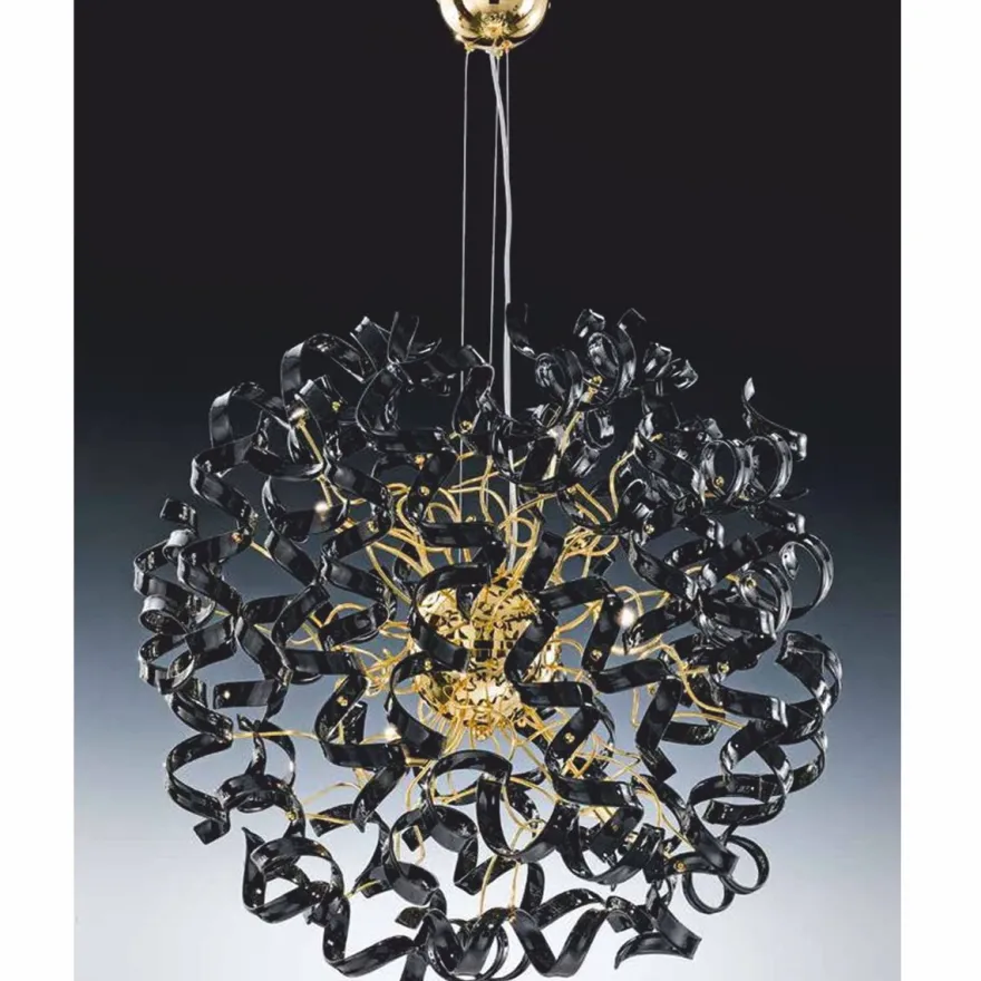 Casa Padrino Luxus LED Hängeleuchte Schwarz / Gold Ø 80 x H. 160 cm - Runde Kristallglas Pendelleuchte - Made in Italy