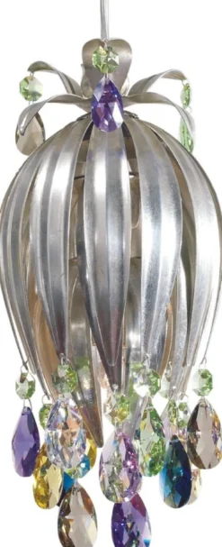 Casa Padrino Luxus LED Hängeleuchte Silber / Mehrfarbig Ø 12 x H. 26 cm - Moderne Metall Hängelampe mit Swarovski Kristallglas - Luxus Kollektion