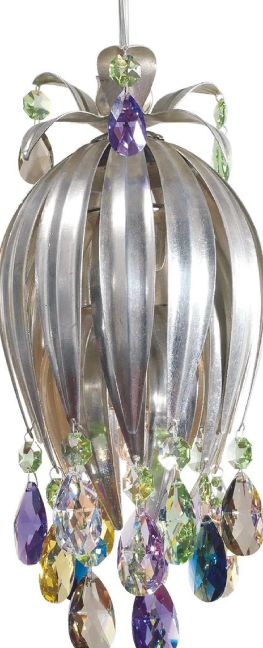 Casa Padrino Luxus LED Hängeleuchte Silber / Mehrfarbig Ø 12 x H. 26 cm - Moderne Metall Hängelampe mit Swarovski Kristallglas - Luxus Kollektion