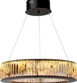 Casa Padrino Luxus LED Kronleuchter Schwarz Ø 63 x H. 170 cm - Moderner runder Kristallglas Kronleuchter - Luxus Qualität