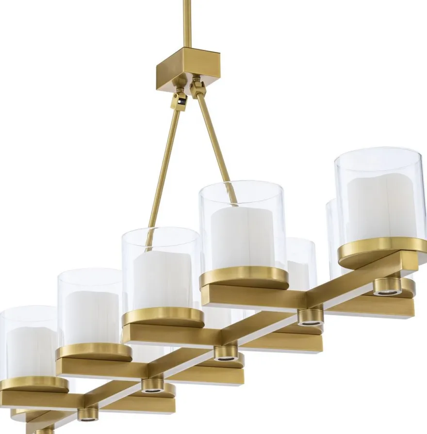 Casa Padrino Luxus LED Kronleuchter Messingfarben 155 x 38 x H. 59 cm - Moderner Kronleuchter mit Glas Lampenschirmen - Luxus Qualität