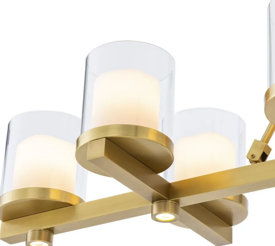 Casa Padrino Luxus LED Kronleuchter Messingfarben 155 x 38 x H. 59 cm - Moderner Kronleuchter mit Glas Lampenschirmen - Luxus Qualität