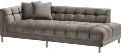 Casa Padrino Luxus Lounge Sofa Grau - Greige / Messingfarben 223 x 95 x H. 68 cm - Linksseitiges Wohnzimmer Sofa mit edlem Samtsoff und 2 Kissen