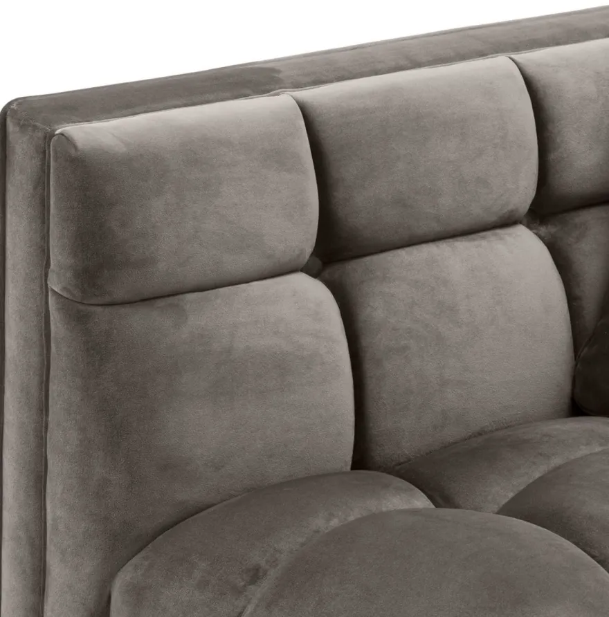Casa Padrino Luxus Lounge Sofa Grau - Greige / Messingfarben 223 x 95 x H. 68 cm - Linksseitiges Wohnzimmer Sofa mit edlem Samtsoff und 2 Kissen