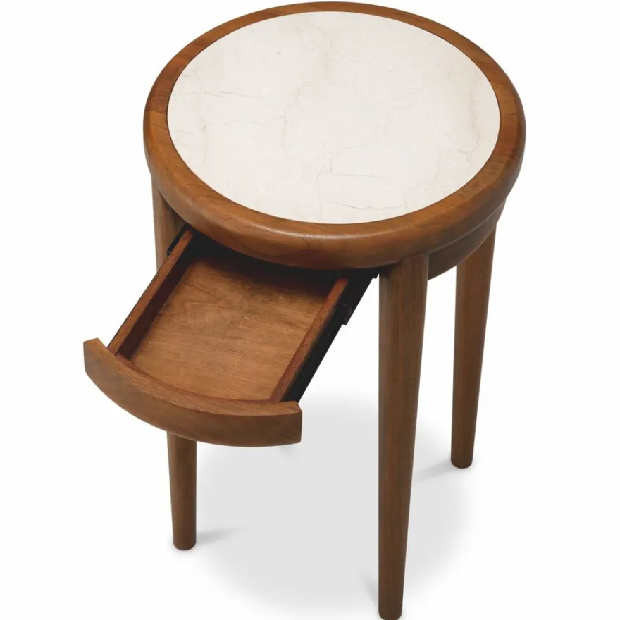 Casa Padrino Luxus Mahagoni Beistelltisch mit Marmorplatte und Schublade Braun / Beige H. 70 cm