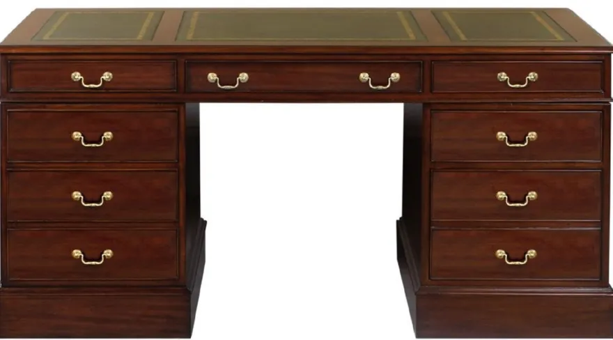Casa Padrino Luxus Mahagoni Schreibtisch Dunkelbraun / Grün / Gold 140 x 70 x H. 78 cm - Bürotisch im englischen Stil - Luxus Büro Möbel
