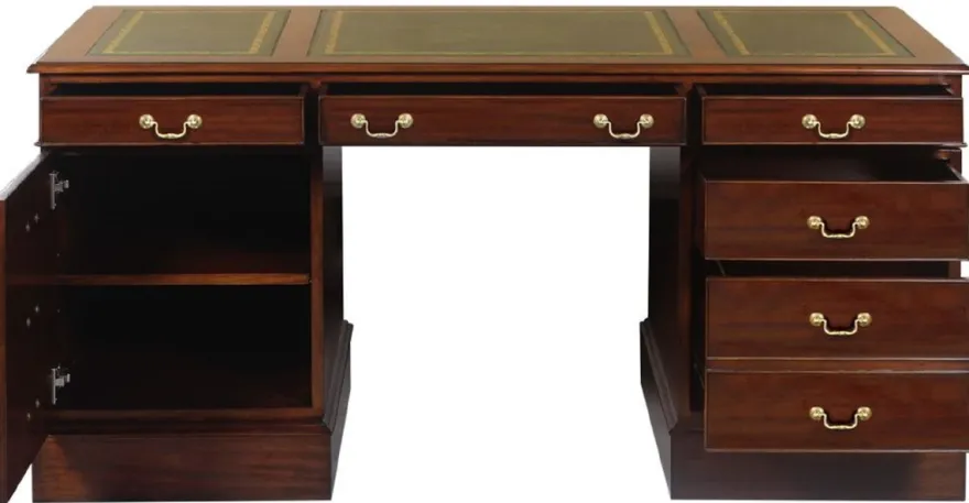 Casa Padrino Luxus Mahagoni Schreibtisch Dunkelbraun / Grün / Gold 140 x 70 x H. 78 cm - Bürotisch im englischen Stil - Luxus Büro Möbel