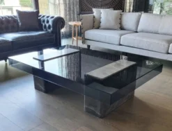 Casa Padrino Luxus Marmor Couchtisch mit Glasplatte Grau / Schwarz 140 cm
