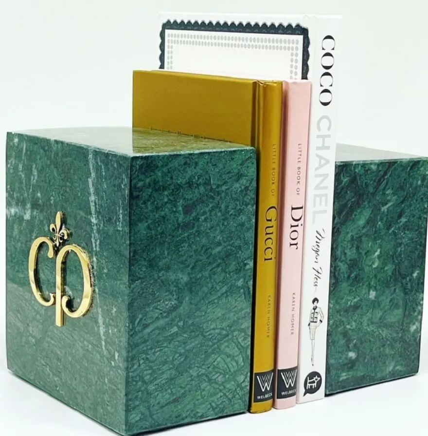 Casa Padrino Luxus Marmor Deko Buchstützen Set Grün / Gold