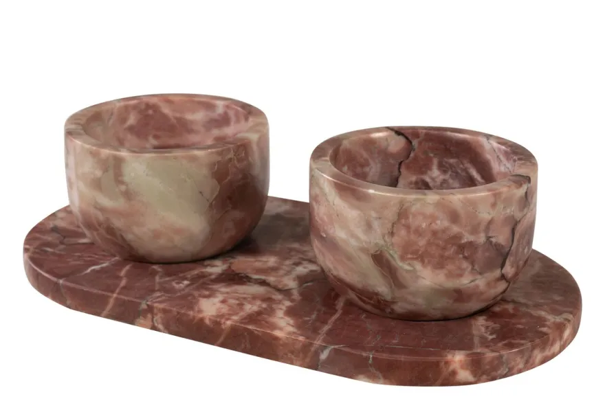 Casa Padrino Luxus Marmor Schalen Set Rosa 23 x 12 x H. 6,5 cm - 2 Schälchen mit Tablett aus hochwertigem Rosalia Pink Marmor - Luxus Deko Accessoires