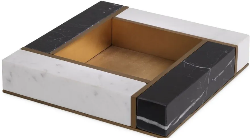 Casa Padrino Luxus Marmor Serviertablett Schwarz / Weiß / Antik Messingfarben 20 x 20 x H. 4 cm - Luxus Gastronomie Accessoires