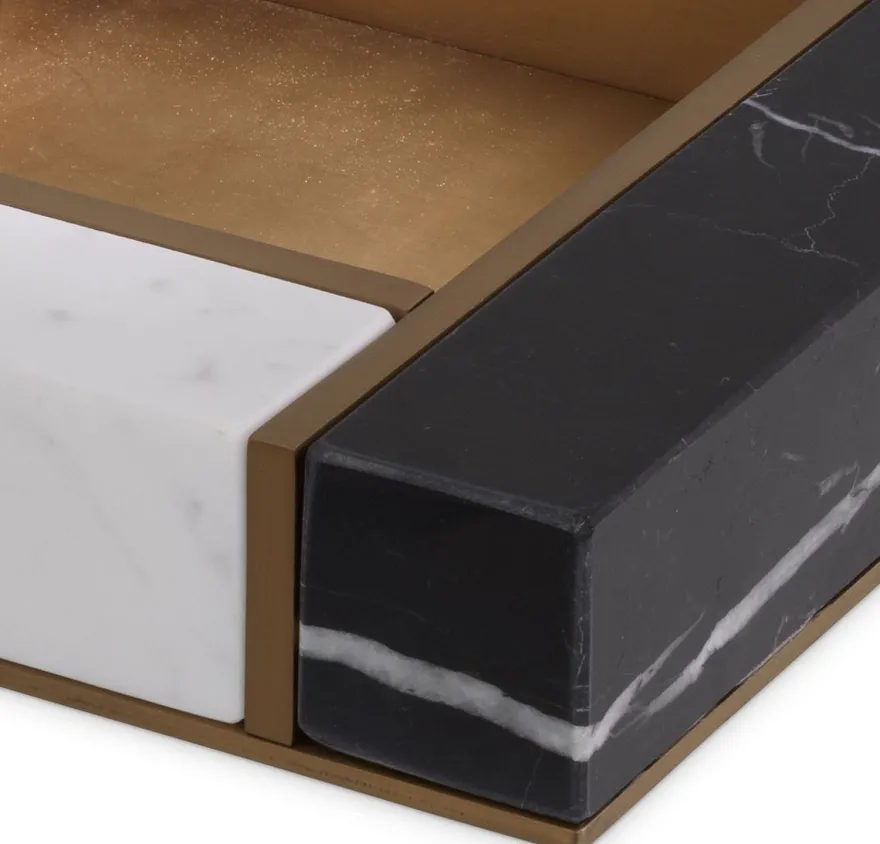 Casa Padrino Luxus Marmor Serviertablett Schwarz / Weiß / Antik Messingfarben 20 x 20 x H. 4 cm - Luxus Gastronomie Accessoires
