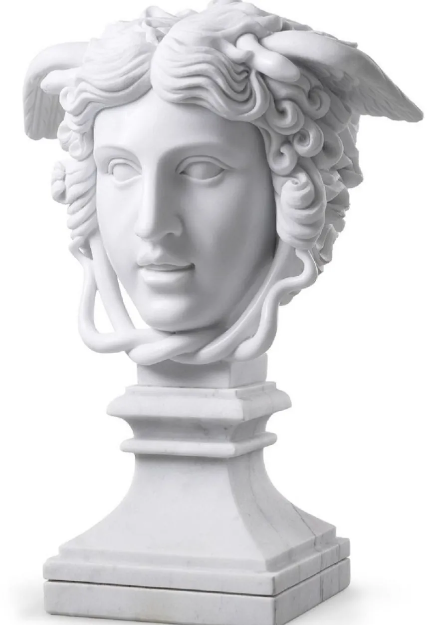 Casa Padrino Luxus Marmor Skulptur Weiß 39 x 27 x H. 58 cm - Deko Figur aus hochwertigem Marmor - Edle Damenbüste mit Sockel - Luxus Deko Accessoires