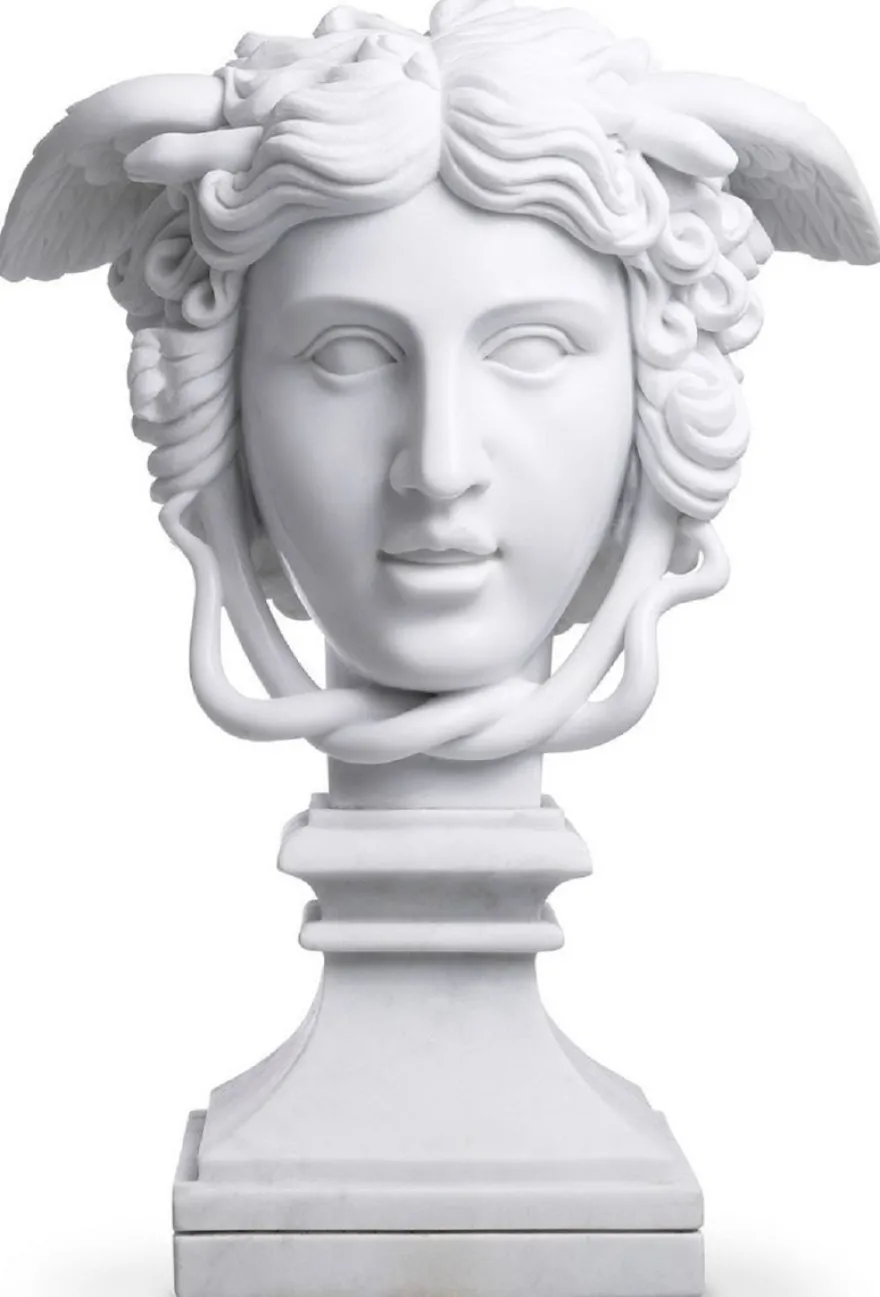 Casa Padrino Luxus Marmor Skulptur Weiß 39 x 27 x H. 58 cm - Deko Figur aus hochwertigem Marmor - Edle Damenbüste mit Sockel - Luxus Deko Accessoires