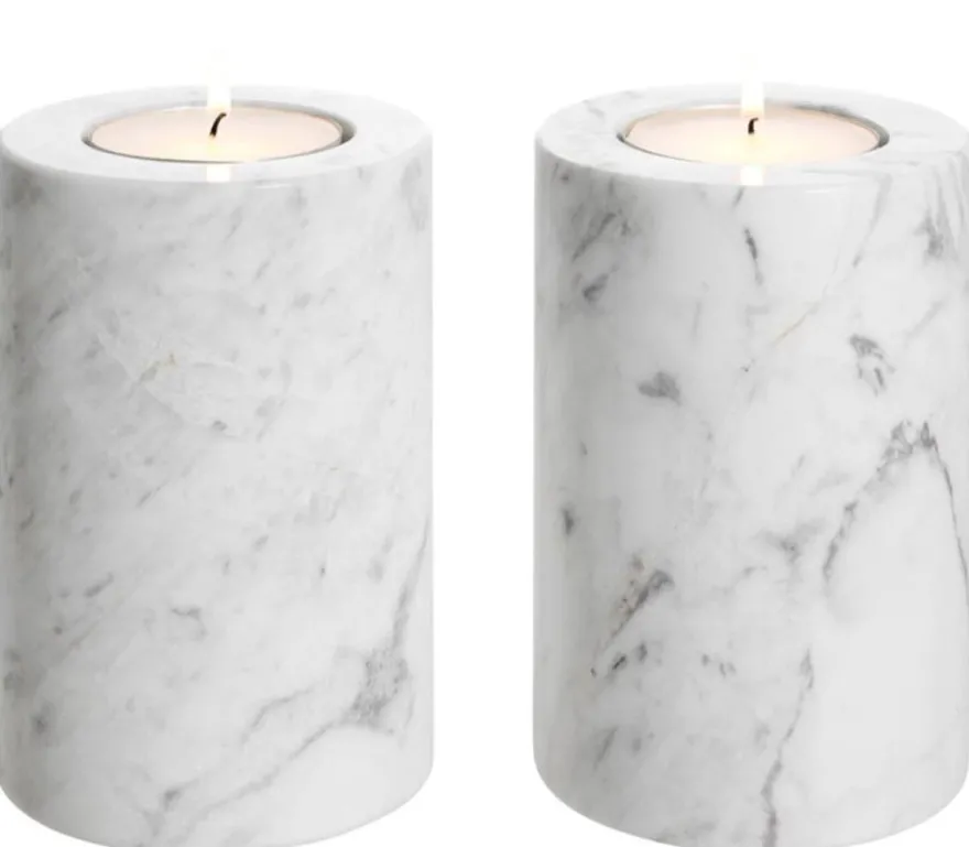 Casa Padrino Luxus Marmor Teelichthalter Set Weiß Ø 10 x H. 15 cm - Luxus Qualität