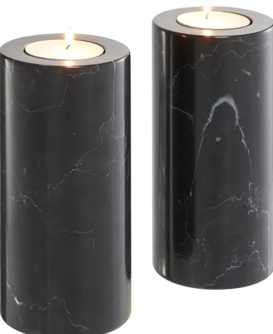 Casa Padrino Luxus Marmor Teelichthalter Set Schwarz Ø 10 x H. 21 cm - Hotel & Restaurant Deko Accessoires