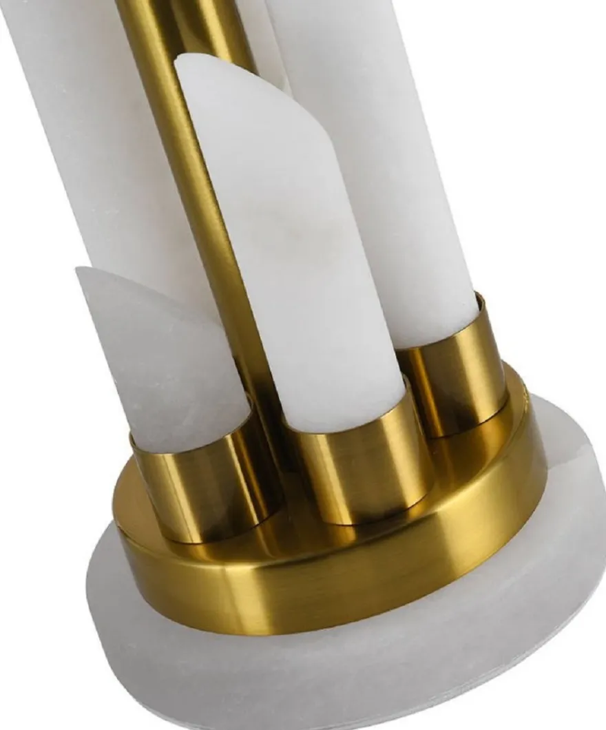 Casa Padrino Luxus Marmor Tischleuchte Weiß / Gold Ø 38 x H. 68,5 cm - Runde Marmor Schreibtischleuchte mit Lampenschirm - Luxus Marmor Leuchten