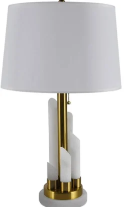 Casa Padrino Luxus Marmor Tischleuchte Weiß / Gold Ø 38 x H. 68,5 cm - Runde Marmor Schreibtischleuchte mit Lampenschirm - Luxus Marmor Leuchten