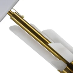 Casa Padrino Luxus Marmor Tischleuchte Weiß / Gold Ø 38 x H. 68,5 cm - Runde Marmor Schreibtischleuchte mit Lampenschirm - Luxus Marmor Leuchten