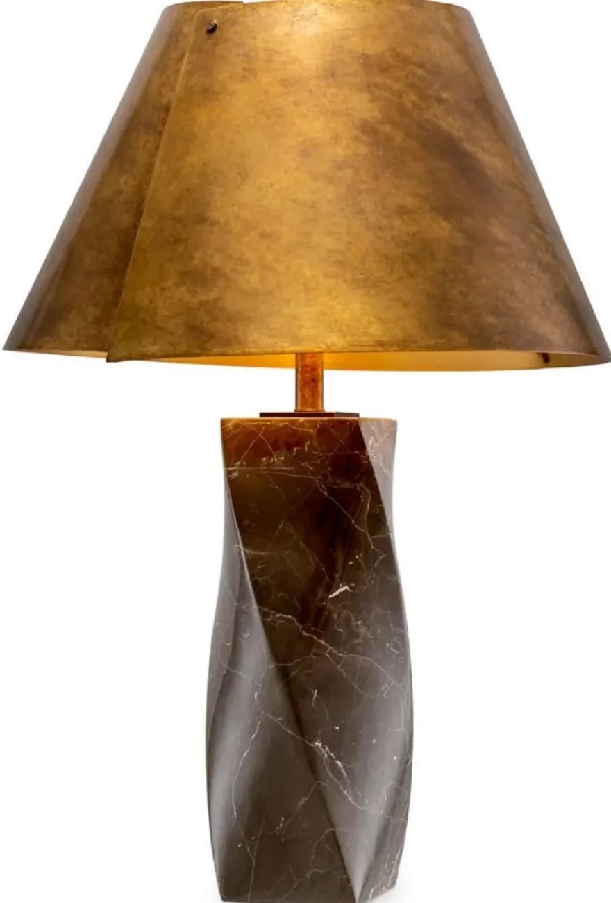 Casa Padrino Luxus Marmor Tischleuchte mit Metall Lampenschirm Braun / Vintage Messing Ø 53 x H. 78 cm