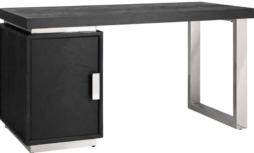 Casa Padrino Luxus Massivholz Schreibtisch Schwarz / Silber 150 x 70 x H. 77 cm - Bürotisch - Computertisch - Luxus Büro Möbel