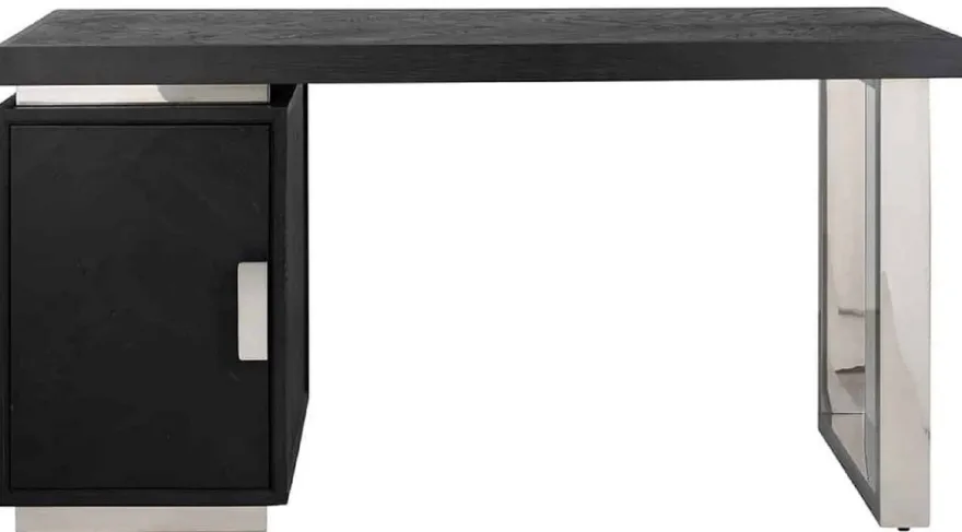 Casa Padrino Luxus Massivholz Schreibtisch Schwarz / Silber 150 x 70 x H. 77 cm - Bürotisch - Computertisch - Luxus Büro Möbel