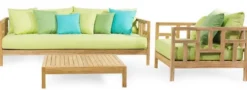 Casa Padrino Luxus Massivholz Gartensofa Naturfarben / Hellgrün 220 x 94 x H. 65 cm - Wetterbeständiges Teakholz Sofa mit Kissen - Garten & Terrassen Möbel - Luxus Qualität