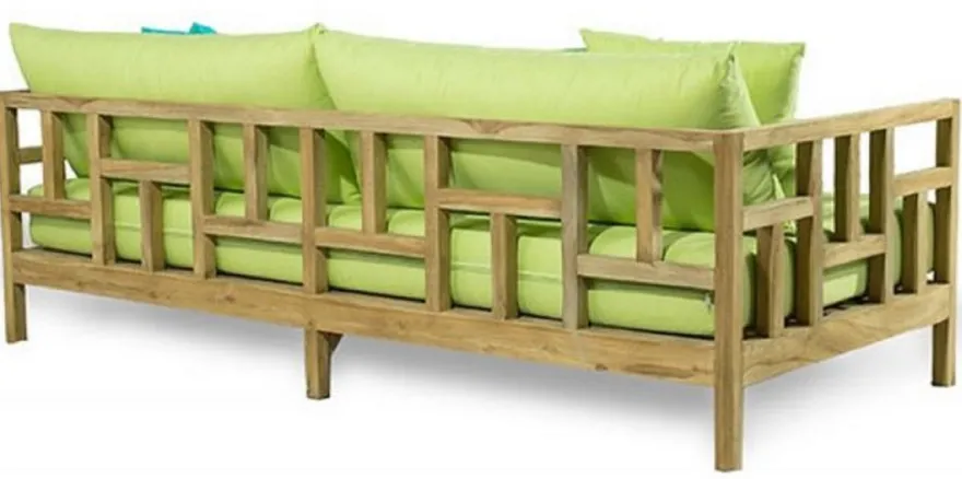 Casa Padrino Luxus Massivholz Gartensofa Naturfarben / Hellgrün 220 x 94 x H. 65 cm - Wetterbeständiges Teakholz Sofa mit Kissen - Garten & Terrassen Möbel - Luxus Qualität