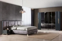 Casa Padrino Luxus Massivholz Schlafzimmer Set Lila / Schwarz / Gold - 1 Doppelbett mit Kopfteil & 2 Nachttische - Luxus Schlafzimmer Möbel