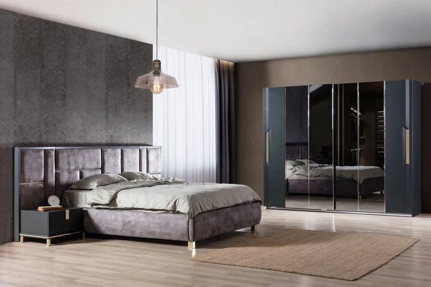 Casa Padrino Luxus Massivholz Schlafzimmer Set Lila / Schwarz / Gold - 1 Doppelbett mit Kopfteil & 2 Nachttische - Luxus Schlafzimmer Möbel