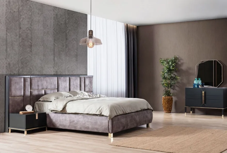 Casa Padrino Luxus Massivholz Schlafzimmer Set Lila / Schwarz / Gold - 1 Doppelbett mit Kopfteil & 2 Nachttische - Luxus Schlafzimmer Möbel