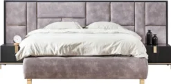 Casa Padrino Luxus Massivholz Schlafzimmer Set Lila / Schwarz / Gold - 1 Doppelbett mit Kopfteil & 2 Nachttische - Luxus Schlafzimmer Möbel