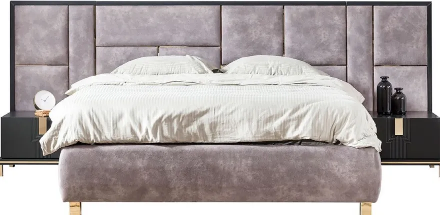 Casa Padrino Luxus Massivholz Schlafzimmer Set Lila / Schwarz / Gold - 1 Doppelbett mit Kopfteil & 2 Nachttische - Luxus Schlafzimmer Möbel