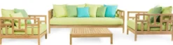 Casa Padrino Luxus Massivholz Gartensessel Naturfarben / Hellgrün 94 x 94 x H. 65 cm - Wetterbeständiger Teakholz Sessel mit Kissen - Garten & Terrassen Möbel - Luxus Qualität