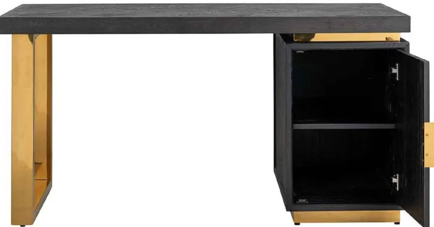Casa Padrino Luxus Massivholz Schreibtisch Schwarz / Gold 150 x 70 x H. 77 cm - Bürotisch - Computertisch - Luxus Büro Möbel