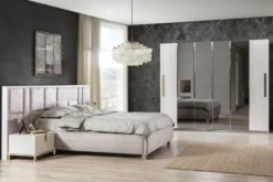 Casa Padrino Luxus Massivholz Schlafzimmer Set Grau / Weiß / Gold - 1 Doppelbett mit Kopfteil & 2 Nachttische - Luxus Schlafzimmer Möbel